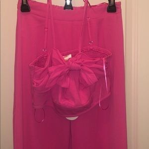 Matching pink high waisted pants with crop top